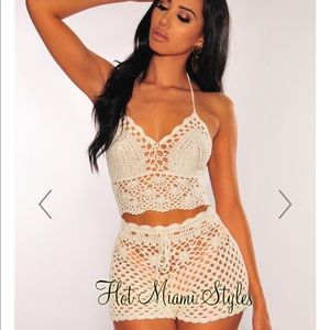 Off White Crochet Halter Shorts Two Piece Set